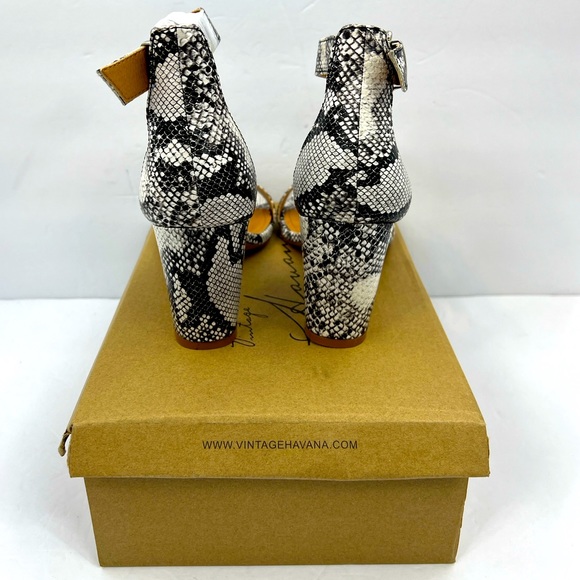 VINTAGE HAVANA,BLACK & WHITE SNAKE PRINT OPEN TOE MIDTOP, ADJUSTABLE ANKLE LOOP - Picture 3 of 15